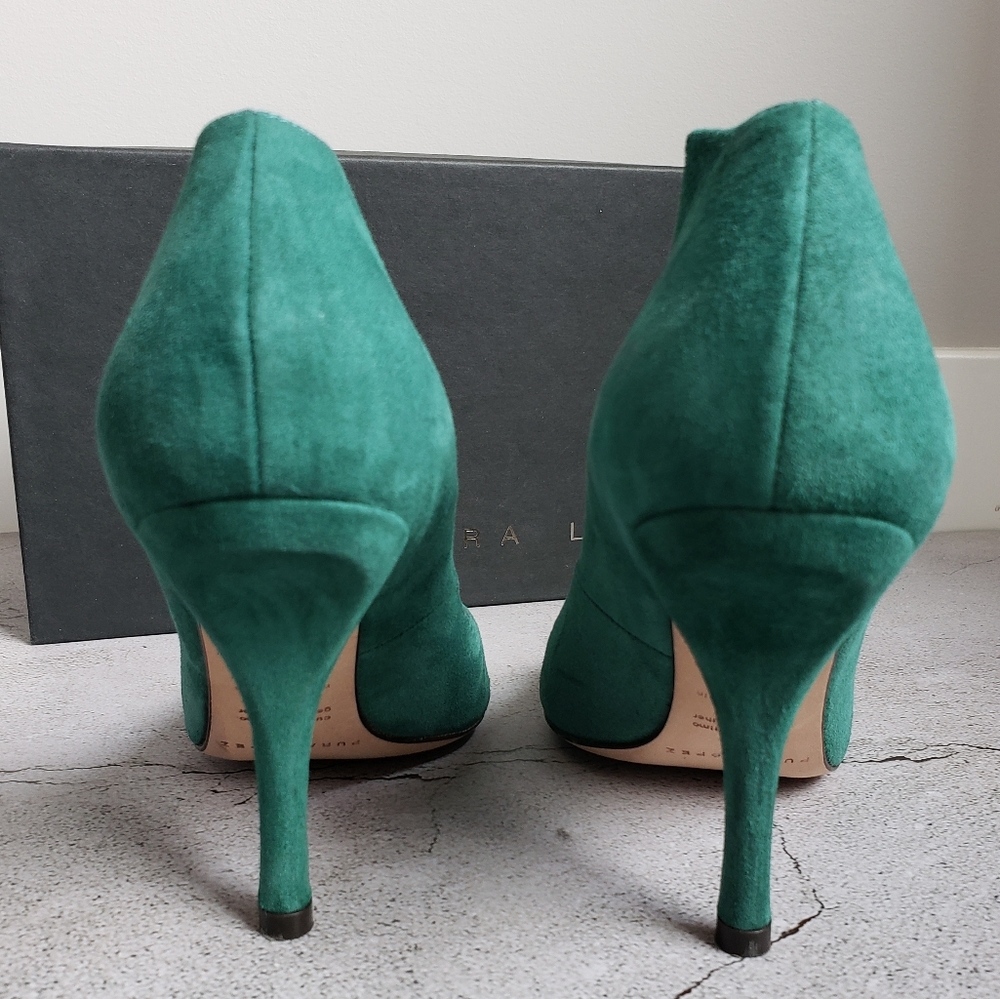 Pura Lopez Emerald Green Suede Peep Toe Pumps Sz 38.5 - Picture 9 of 15